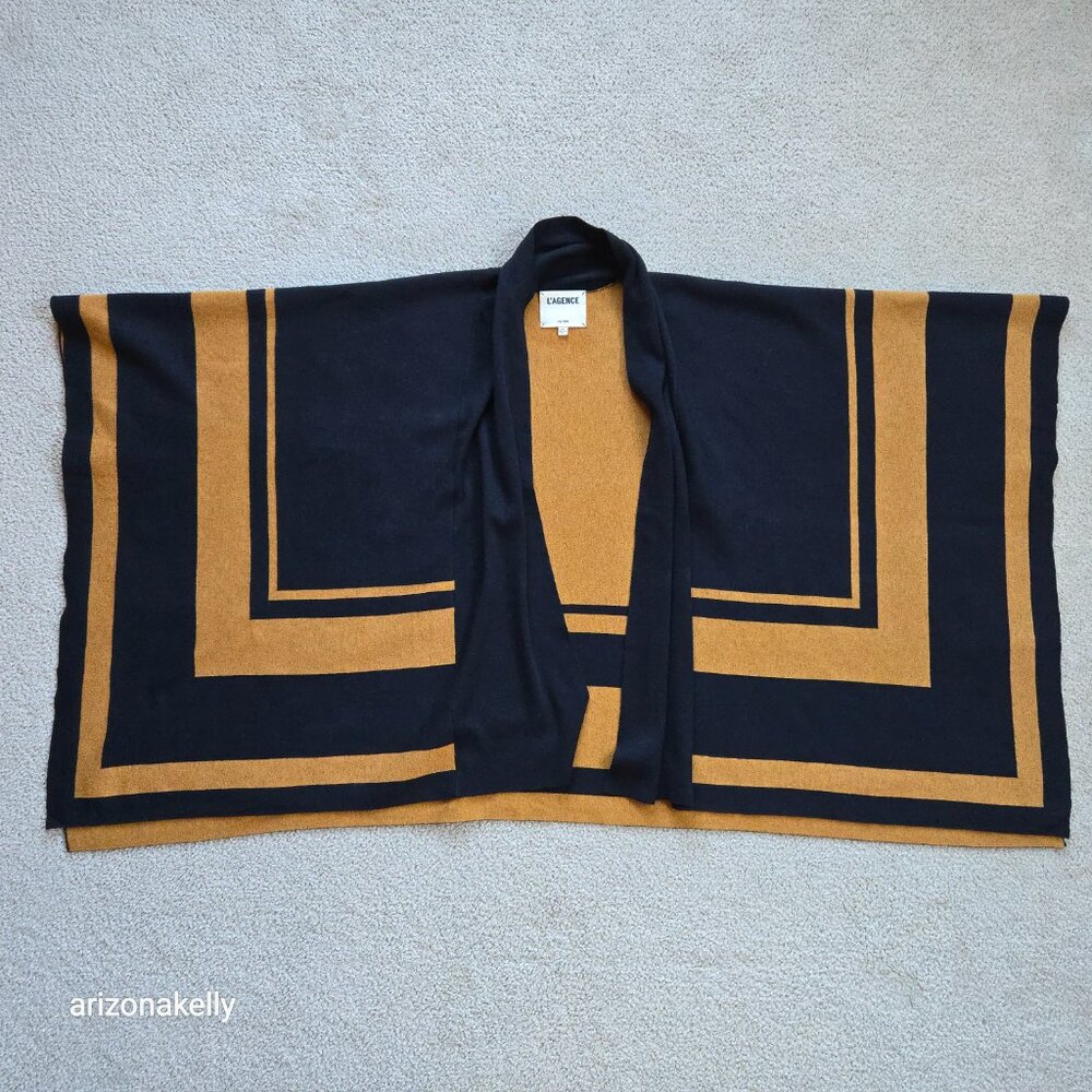 L'Agence Jake Bordered Stripe Cape Merino Wool Cotton Wrap - Picture 3 of 15